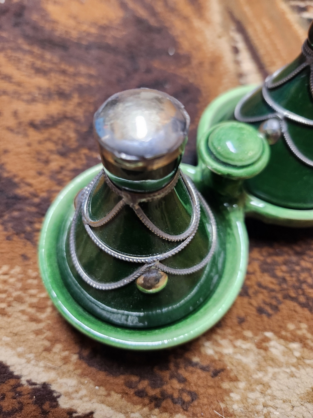Vintage Moroccan Ceramic Double Mini Tagine Spice Holder - Green Glaze with Meta - Picture 3 of 7
